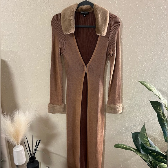 PrettyLittleThing Sweaters - Brown Long Sleeve Knit Cardigan with Faux Fur Trim